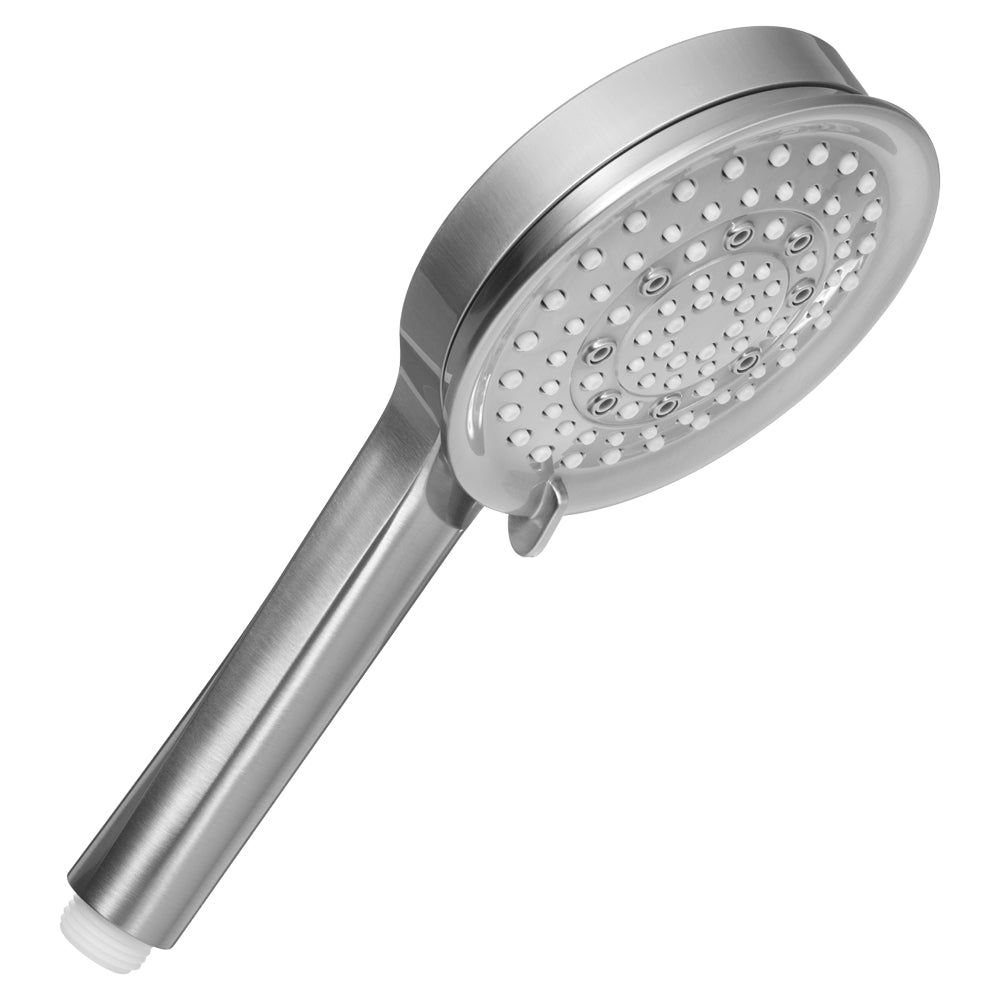 Satin brass handshower with round perforated head and cylindrical handle, featuring multiple spray jets.