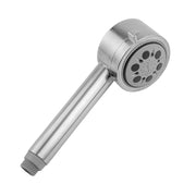 Satin nickel cylindrical handshower with multiple spray jets and threaded connector.