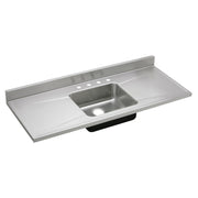 Stainless steel sink top with single rectangular bowl, drainboard on right, faucet holes, and backsplash.