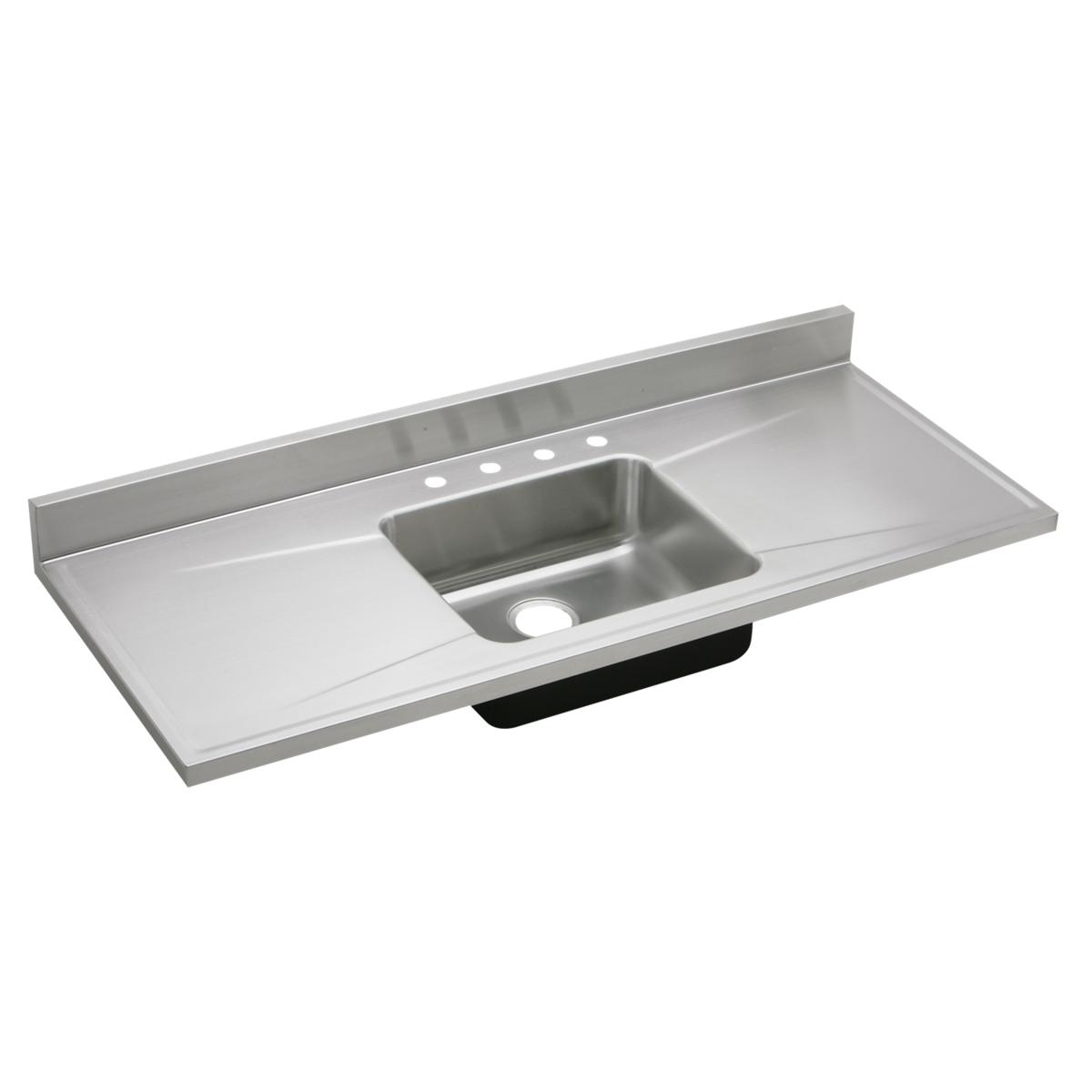 Stainless steel sink top with single rectangular bowl, drainboard on right, faucet holes, and backsplash.