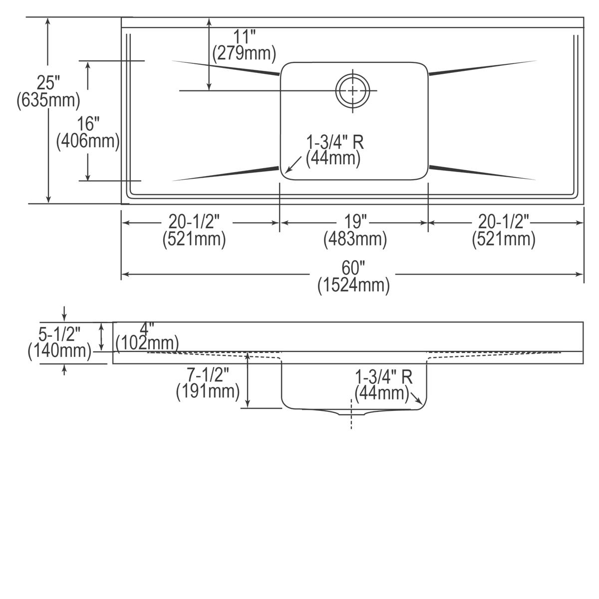 Stainless steel sink top with single rectangular bowl and drainboard, top and side technical drawings with dimensions.