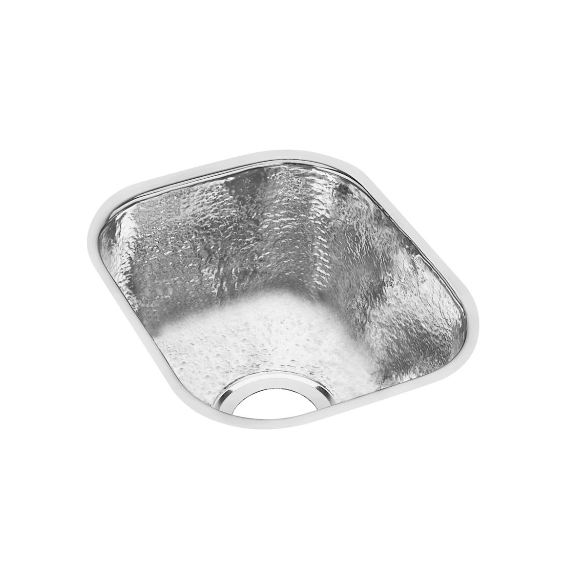 Stainless steel undermount bar sink with single bowl and textured interior, rounded rectangular shape with drain opening.