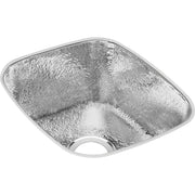 Stainless steel single bowl undermount bar sink with hammered interior finish and drain opening.