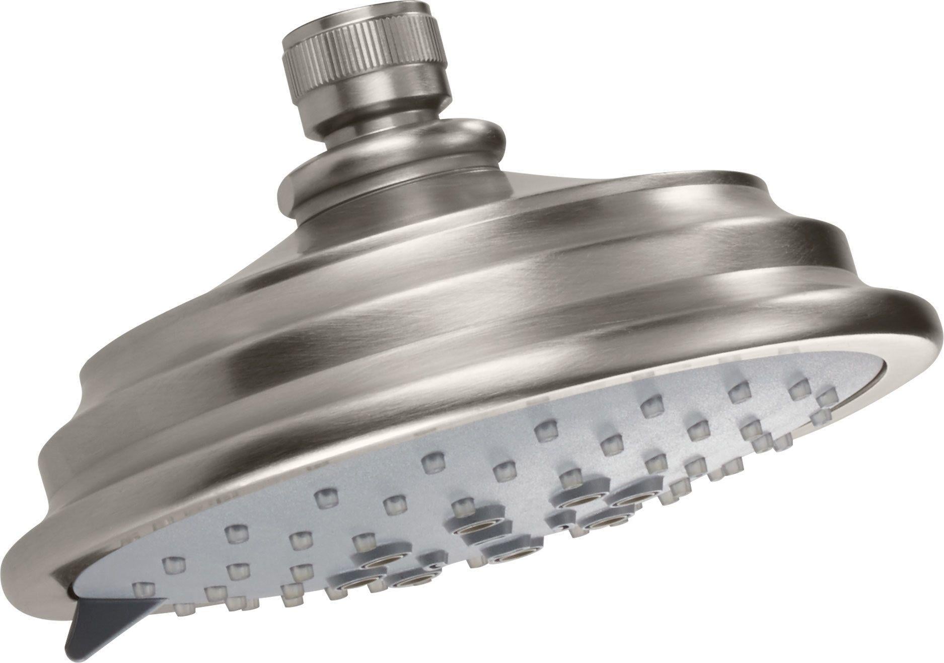 Brushed bronze multi-function showerhead with adjustable nozzle and ribbed dome design.