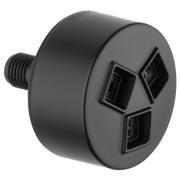 Matte black cylindrical shower head with three square spray outlets and threaded connection port.