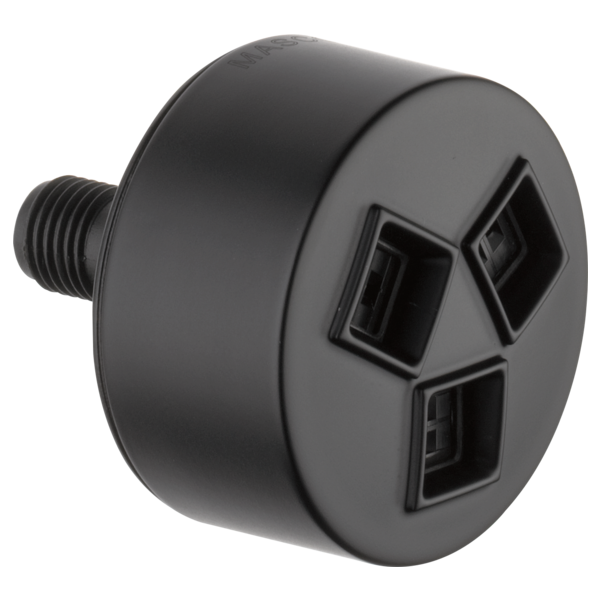 Matte black cylindrical shower head with three square spray outlets and threaded connection port.