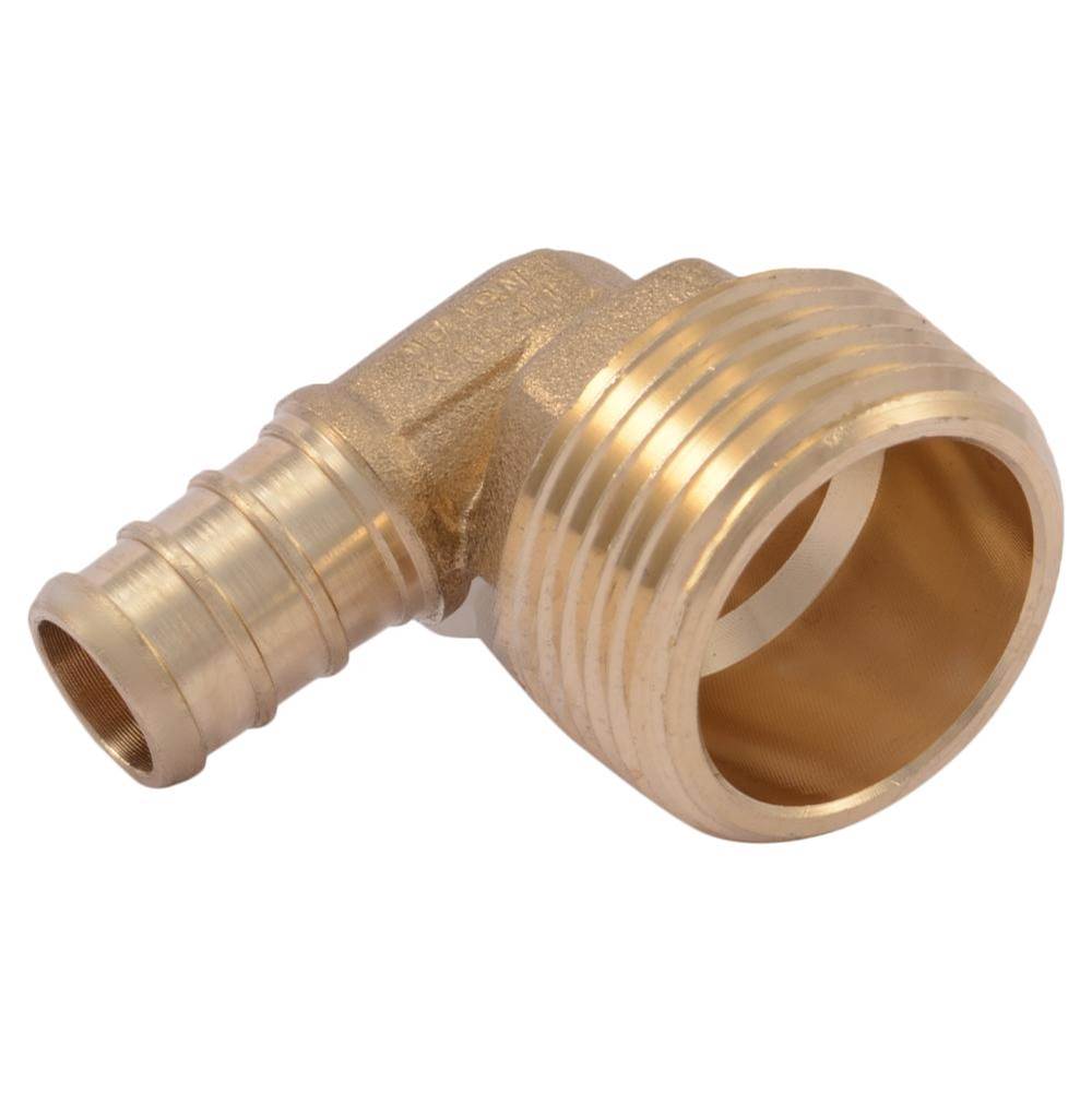 Brass elbow fitting with 1/2-inch PEX connection on left and 3/4-inch male threaded port on right.