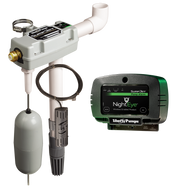 White water-powered sump pump with curved discharge pipe, float switch, and wireless alarm receiver with green and black disp