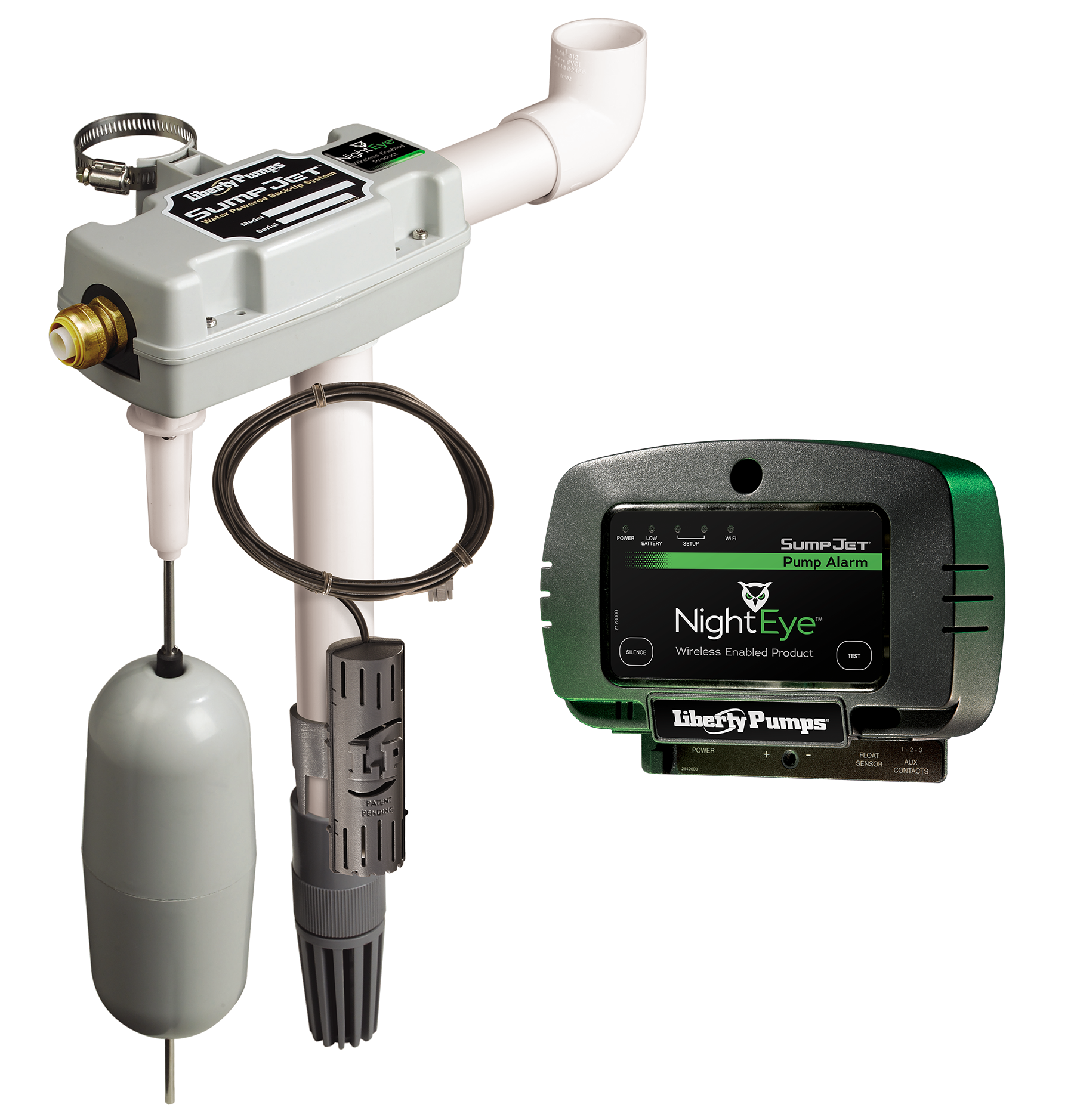 White water-powered sump pump with curved discharge pipe, float switch, and wireless alarm receiver with green and black disp
