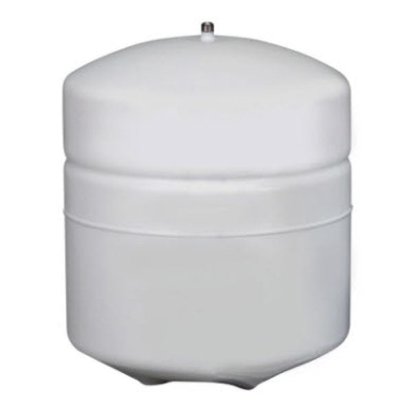 White cylindrical steel storage tank with domed top and small valve fitting on the cap.