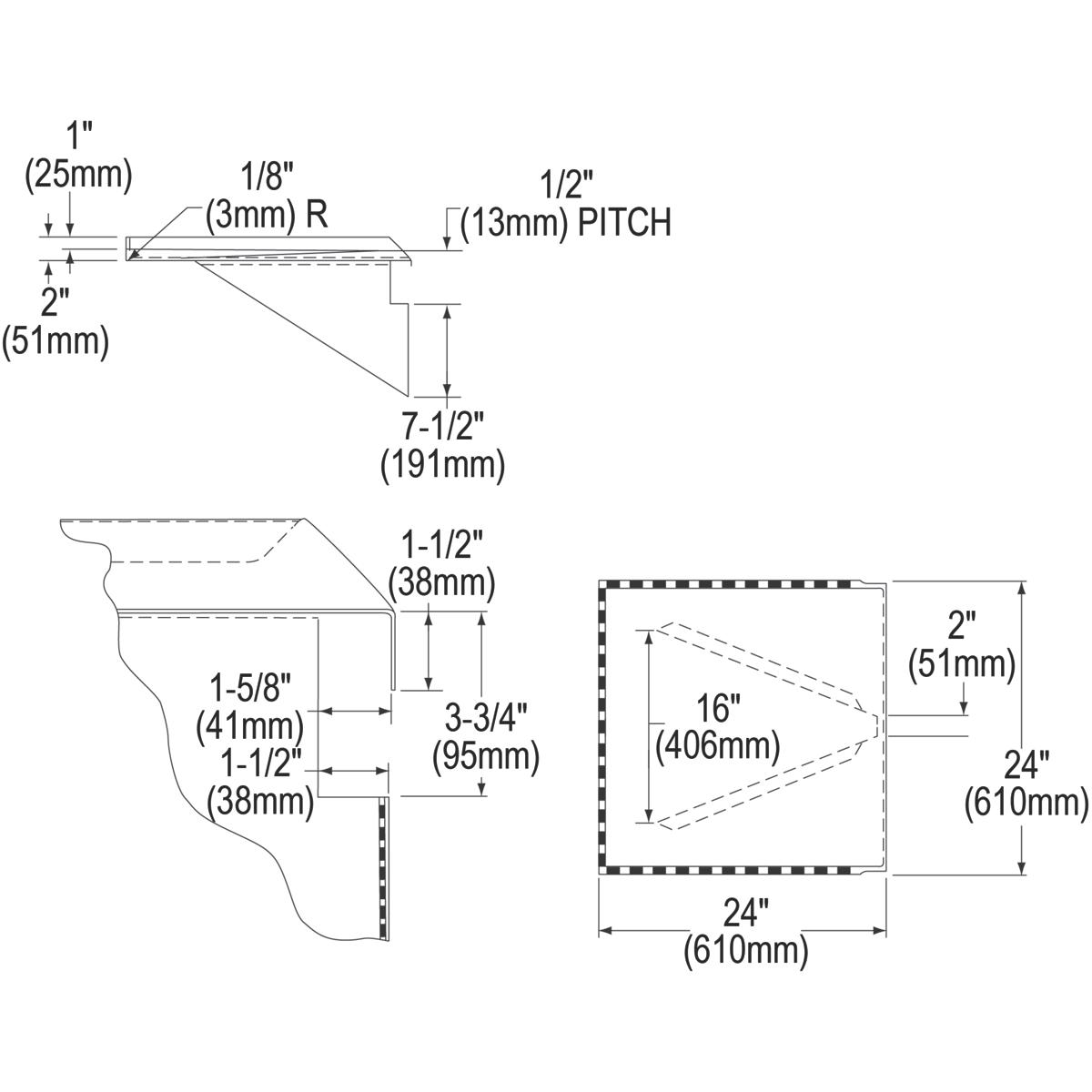 Technical schematic showing dimensions and cross-section views of a 24-inch detachable drainboard with measurements in inches
