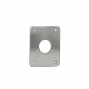 Rectangular stainless steel mounting plate with rounded corners, central circular cutout, and six mounting holes.