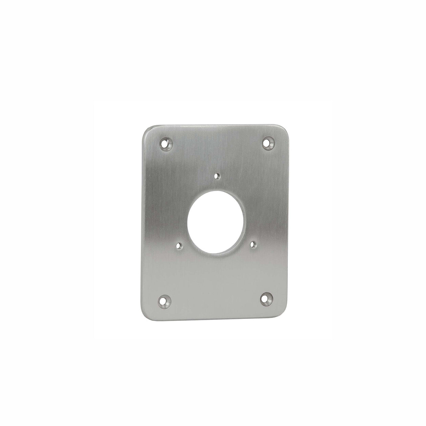 Rectangular stainless steel mounting plate with rounded corners, central circular cutout, and six mounting holes.