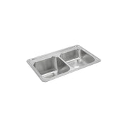Stainless steel drop-in sink with two rectangular bowls, larger left bowl and smaller right bowl.