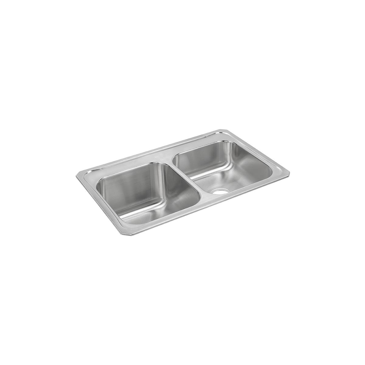 Stainless steel drop-in sink with two rectangular bowls, larger left bowl and smaller right bowl.