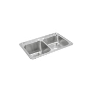 Stainless steel drop-in sink with two unequal bowls and two faucet holes.