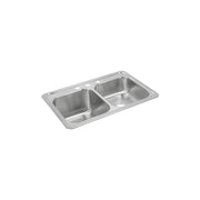 Stainless steel double bowl drop-in sink with three holes and smaller right bowl.