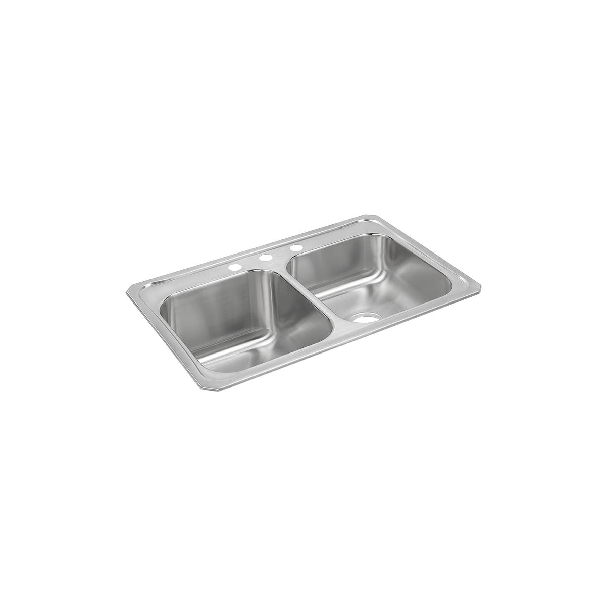 Stainless steel double bowl drop-in sink with three holes and smaller right bowl.