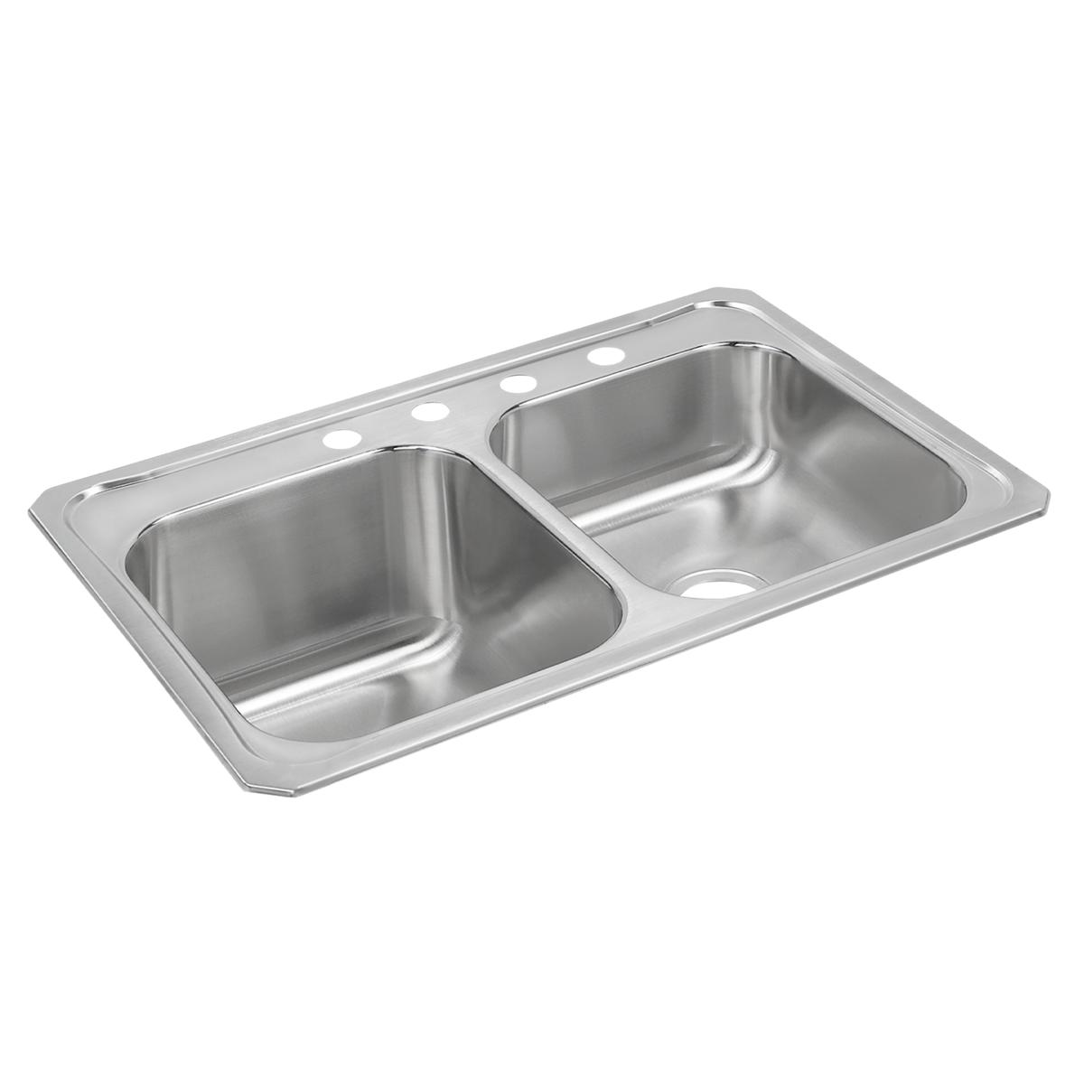 Stainless steel drop-in sink with two bowls of unequal size and four mounting holes along the rim.