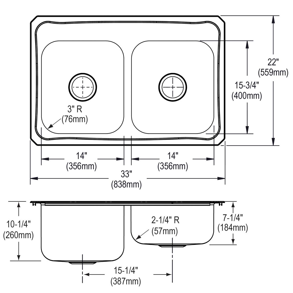 Stainless steel double bowl drop-in sink with two equal-sized bowls and pre-drilled holes for faucet installation.