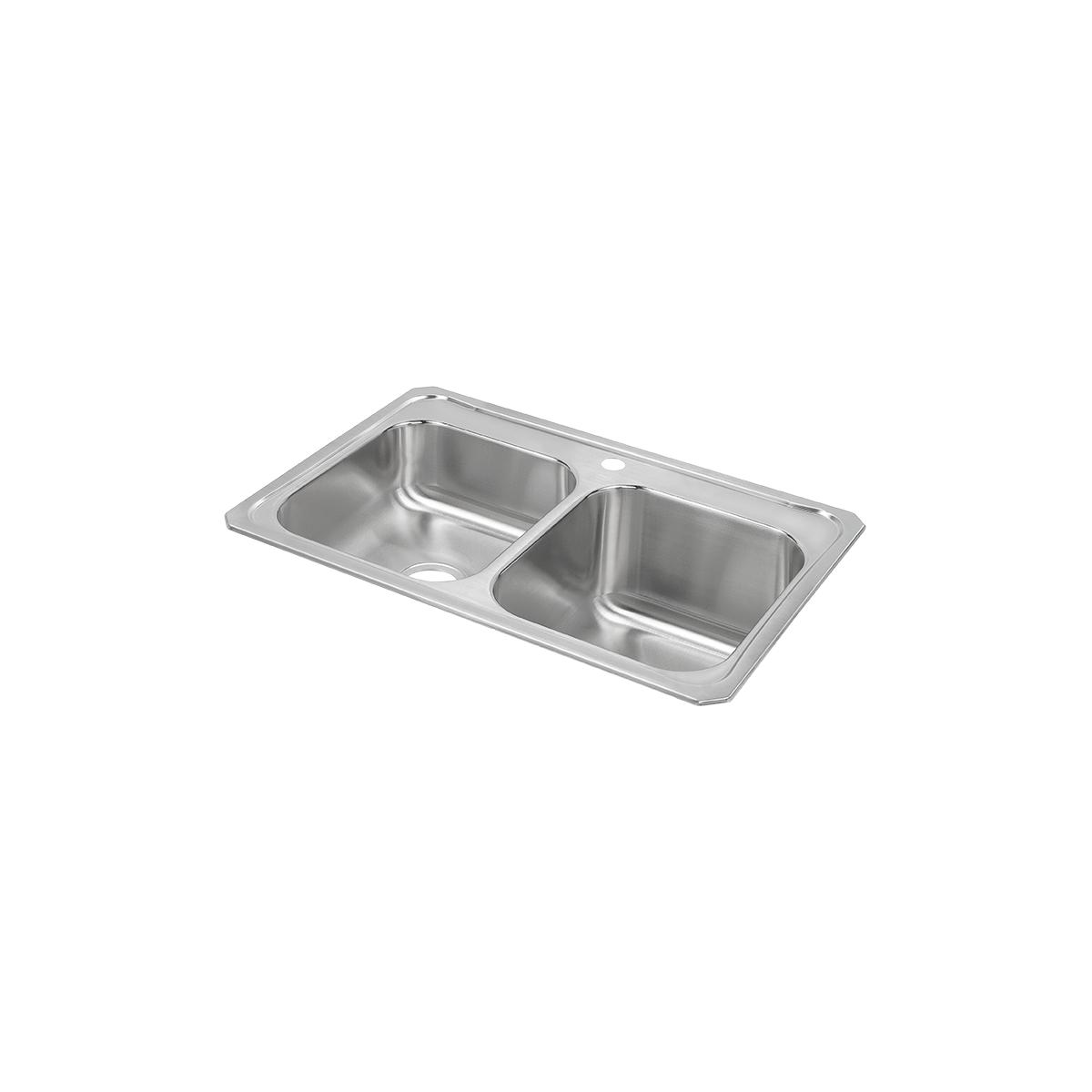 Stainless steel drop-in sink with two unequal bowls and single faucet hole, smaller bowl on left.