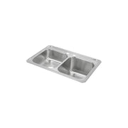 Stainless steel drop-in sink with two bowls, smaller bowl on left, two faucet holes visible on rim.