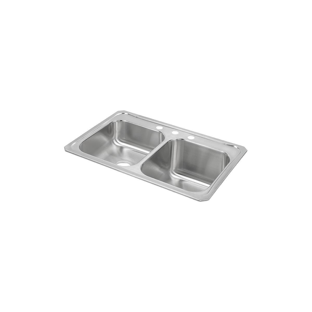 Stainless steel double bowl drop-in sink with smaller left bowl and three faucet holes.