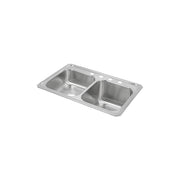 Stainless steel double bowl drop-in sink with one smaller left bowl and four mounting holes across the rim.