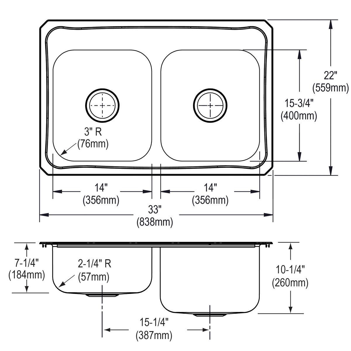 Elkay Celebrity Stainless Steel 33" x 22" x 10-1/4", 3-Hole Equal Double Bowl Drop-in Sink with Left Small Bowl
