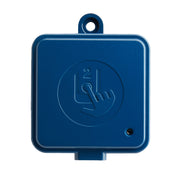 Blue square wireless connectivity module with touchscreen icon and mounting loop.
