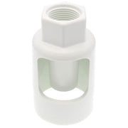 White plastic air gap fitting with threaded top connection and open center chamber for 1-1/2 inch pipe.
