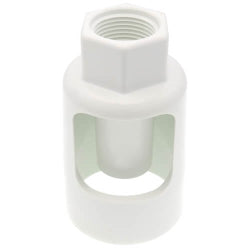 White plastic air gap fitting with threaded top connection and open center chamber for 1-1/2 inch pipe.
