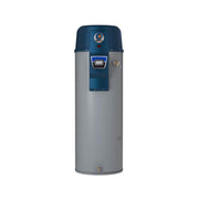 Tall cylindrical gas water heater with gray tank body, dark blue top section, digital display panel, and brass connection fit