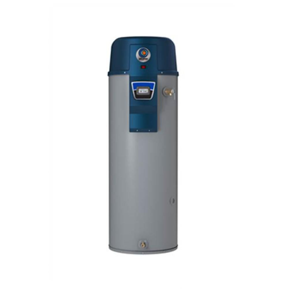 Tall cylindrical gas water heater with gray tank body, dark blue top section, digital display panel, and brass connection fit
