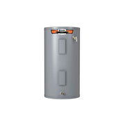 Tall gray cylindrical electric water heater with orange and black control panel at top and two access panels on front.