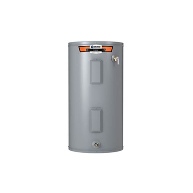 Tall gray cylindrical electric water heater with orange and black control panel at top and two access panels on front.