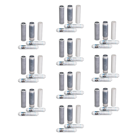 Ten reverse osmosis filter replacement cartridge sets with gray and white cylindrical filters and white connector housings.