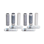 Six cylindrical replacement filters in gray and white with four inline filter cartridges, arranged as a two-pack set.