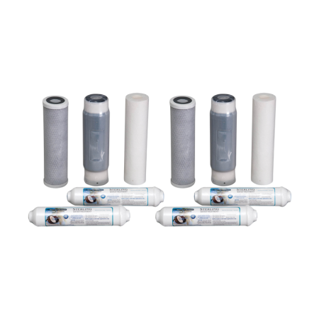 Six cylindrical replacement filters in gray and white with four inline filter cartridges, arranged as a two-pack set.