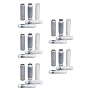 Five reverse osmosis filter replacement packs, each containing three cylindrical cartridges and one inline filter module.