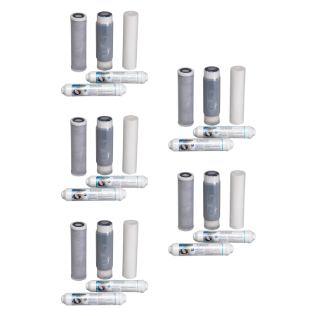 Five reverse osmosis filter replacement packs, each containing three cylindrical cartridges and one inline filter module.