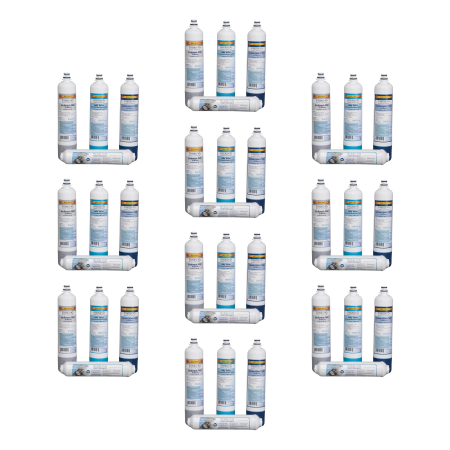Ten packs of three replacement water filter cartridges with blue, tan, and dark blue bands arranged in display holders.