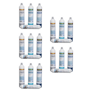 Five sets of three cylindrical water filter cartridges with colored bands and white housing bases arranged in groups.