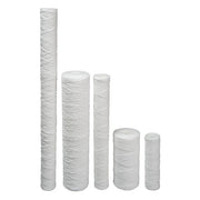 Five white polypropylene string wound sediment filter cartridges in varying sizes arranged in descending height order.