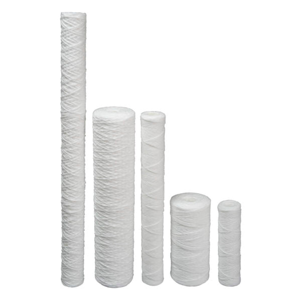 Five white polypropylene string wound sediment filter cartridges in varying sizes arranged in descending height order.