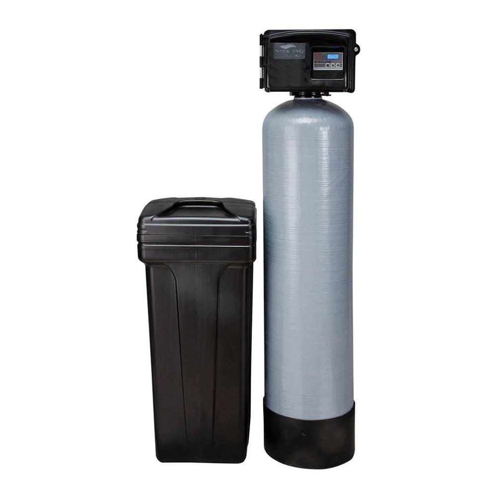 Water softener system with tall silver tank, black control valve on top, and separate black brine tank beside it.