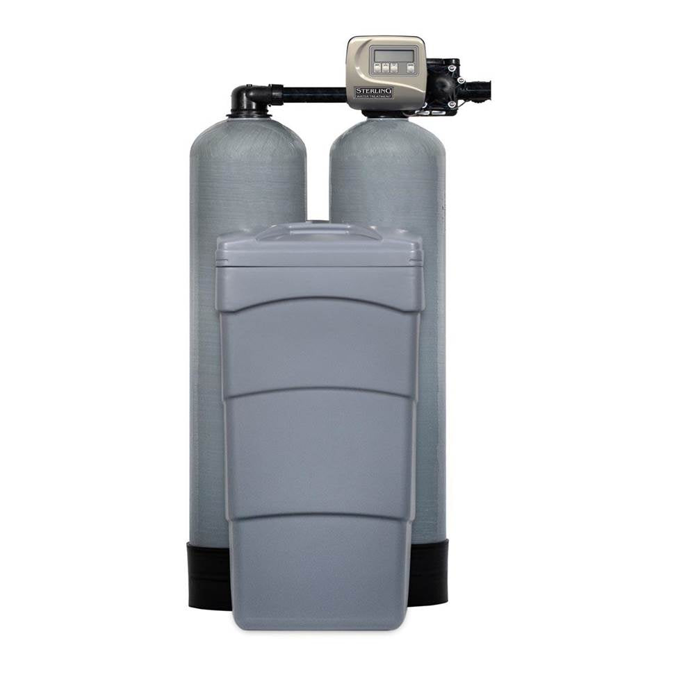 Twin tank water softener system with electronic control head, two grey resin tanks, and brine tank.