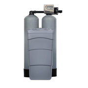 Twin tank water softener system with electronic control head, two grey resin tanks, and brine tank.