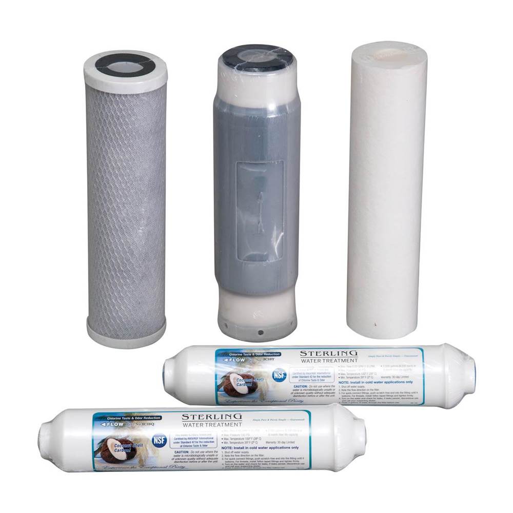 Five cylindrical reverse osmosis replacement filter cartridges in gray, dark gray, and white with white end caps.