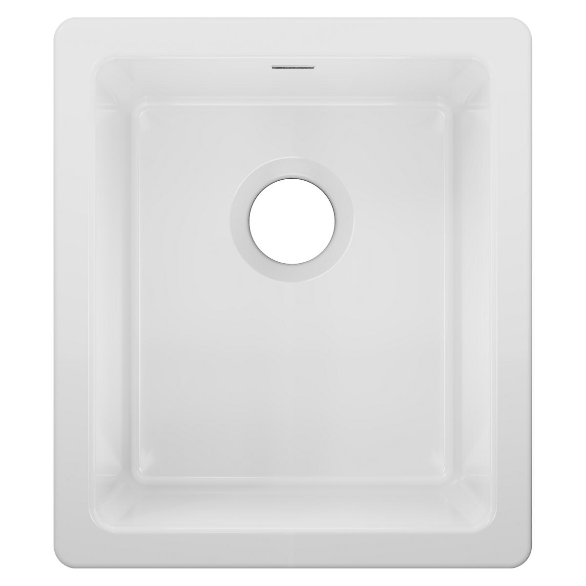 White fireclay single bowl undermount bar sink with center drain opening, viewed from above.